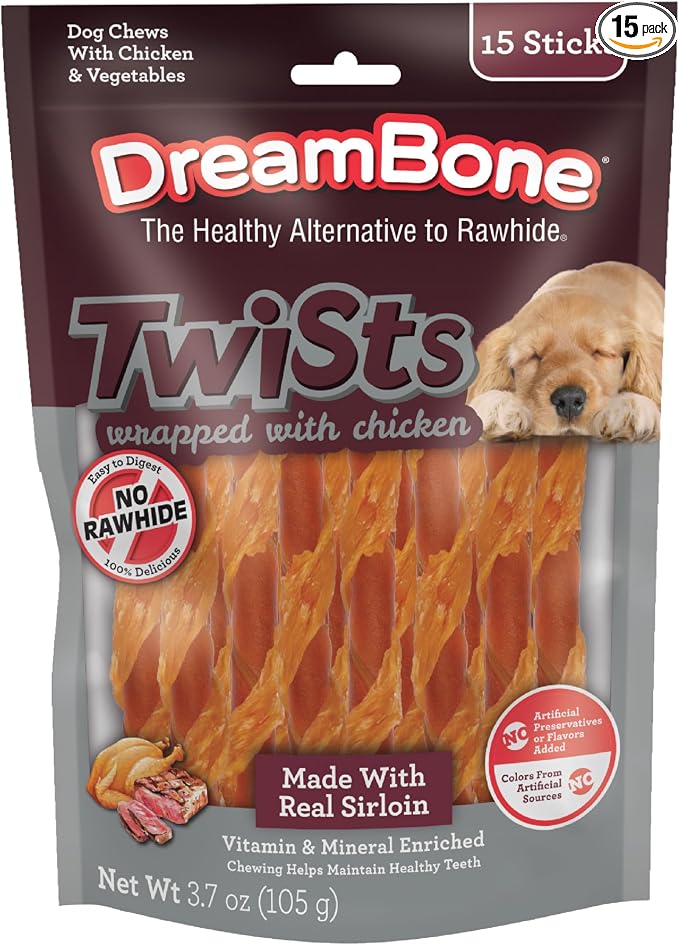 DreamBone Chicken Wrapped Sirloin Twist Stick Dog Treats, Daily Rawhide-Free Chew, Digests Safely and Completely, with Real Protein, Chicken, Sirloin and Veggies, 15 Count