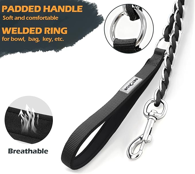 Chain Dog Leash Chew Proof Metal Leash for Medium Large Dogs, Chain Link Dog Leash Anti Chew 5.2FT Strong Anti Bite Dog Leash Comfortable Soft Padded Handle Black 3.0