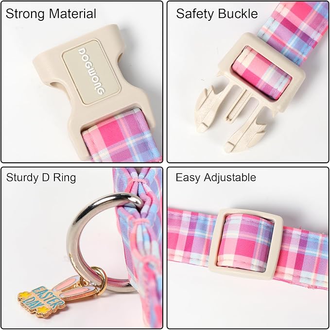 DOGWONG Easter Dog Collar- Cute Easter Plaid Dog Collars Adjustable Girl Female Puppy Dog Collar for Small Medium Large Dogs, L