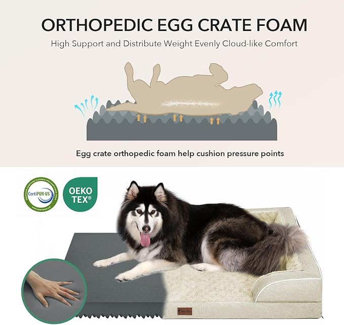 Orthopedic Dog Beds for Extra Large Sized Dogs 53x42 Inch, XXL Waterproof Egg Crate Foam Dog Sofa Bed with Removable Washable Cover Big Pet Couch with Bolster & Non-Slip Bottom, Beige