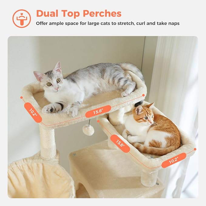 69” Tall Cat Tree for Indoor Cats Large Adult, Multi-Level Cat Tower with Scratching Post, Dual Top Perches, Big Hammock & 2 Spacious Condos, Cat Furniture for Multi-Cat Households, Beige