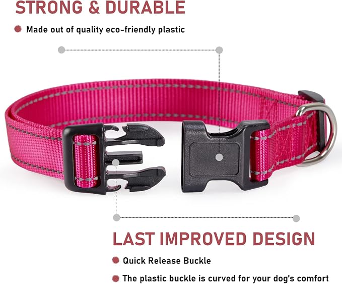 Reflective Dog Collar with Buckle Adjustable Safety Nylon Collars for Small Medium Large Dogs, Pink XL
