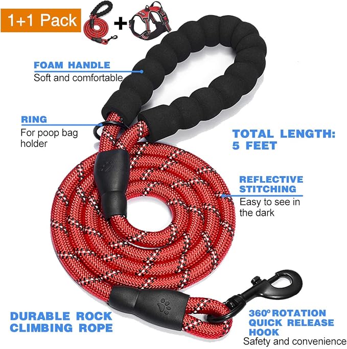 tobeDRI No Pull Dog Harness Adjustable Reflective Oxford Easy Control Medium Large Dog Harness with A Free Heavy Duty 5ft Dog Leash