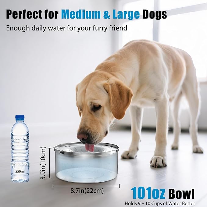 SCHITEC Dog Water Bowl No Spill 101oz / 3L Slow Drinking Anti-Splash Stainless Steel Dog Bowl with Floating Disk, Spill Proof Pet Travel Water Dispenser for Sloppy Messy Drinkers(Light Gray)