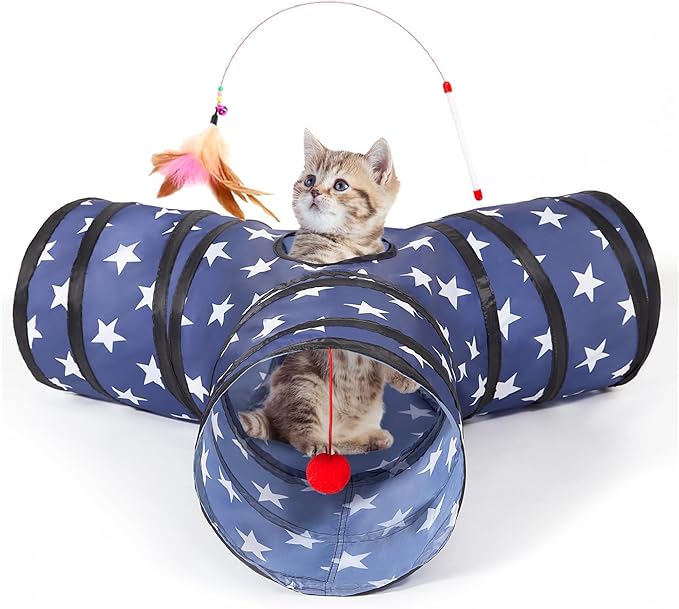 Tempcore Cat Tunnel for Indoor Cats, 3 Way Collapsible Pet Play Tunnel with Teaser Wand, Peek Holes & Hanging Ball, Interactive Tube for Kittens & Rabbits, Pentagram Printed
