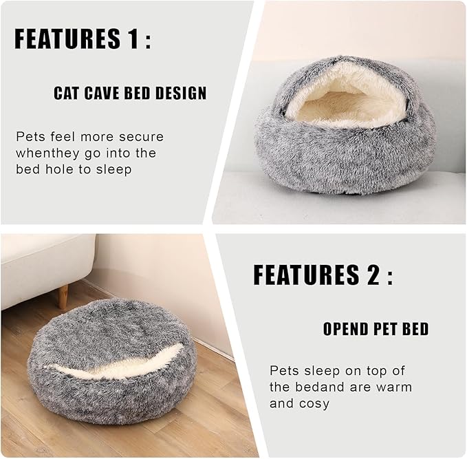 FORMYCATIE Cat Beds for Indoor Cats,Cat Cave for Puppy and Kitty,Calming Small Dog Bed for Small Dogs with Cover Cave,Cozy Warming Fluffy Washable Anti-Slip Pet Sleeping Bag (20 * 20inch,Grey)