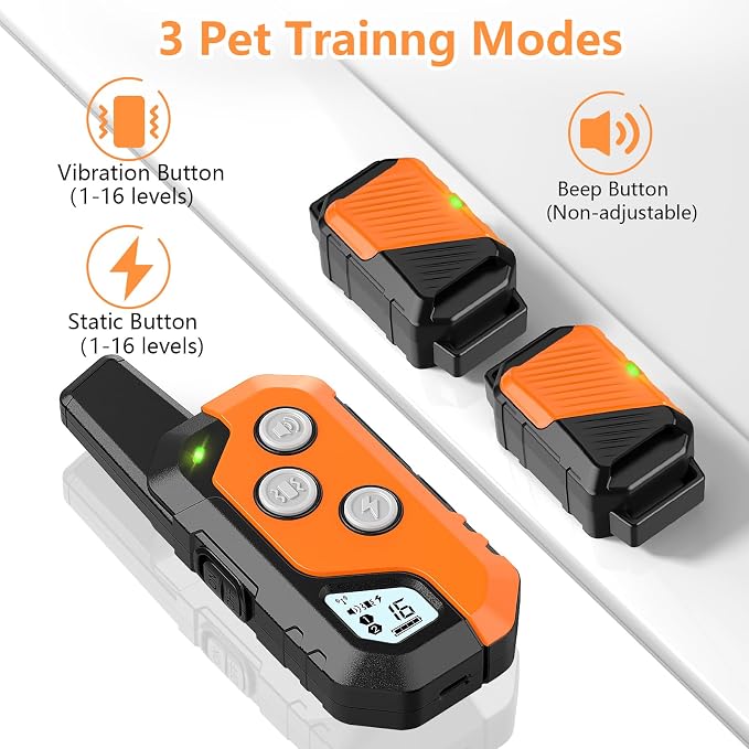 Shock Collar for Dogs, Dog Training Collar with Remote Control for 2 Dogs, 3 Training Modes with Beep, Vibration and Satic, Waterproof, Rechargeable for Large Medium