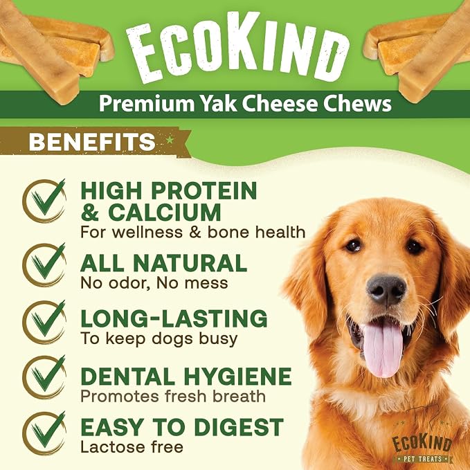 EcoKind Yak Cheese Himalayan Dog Chews, Yak Chews for Medium Dogs, Long Lasting Bone for Aggressive Chewers, 3 Ingredients, Natural High Protein Treats, No Additives, Lactose Free, Medium - 12 Chews