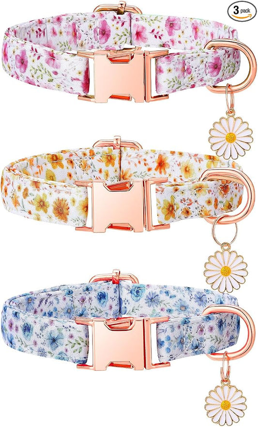 3 Pack Floral Dog Collars for Small Dogs Flower Dog Collars with Pendant for Girl Female Dogs Cute Puppy Pet Collar
