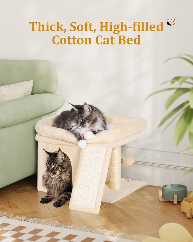 Aechonow Small Cat Tree Tower for Large Cat, Cat Bed House with Large Perch for Adult Cats, 20x16.5 Inch Big Platform for Indoor with Super Cozy Soft Mat, Large Cat Condo with Scratching Post, Beige