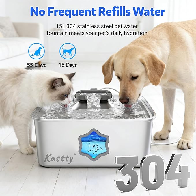 Kastty Large Dog Water Fountain, 15l/4gal Stainless Steel AUTO Pet Water Bowl Dispenser Indoor, 5-Stage Filtration, Dual-Color LED, Visual Window, Quiet, for Large Medium Dogs & Multi-Pet, FS81