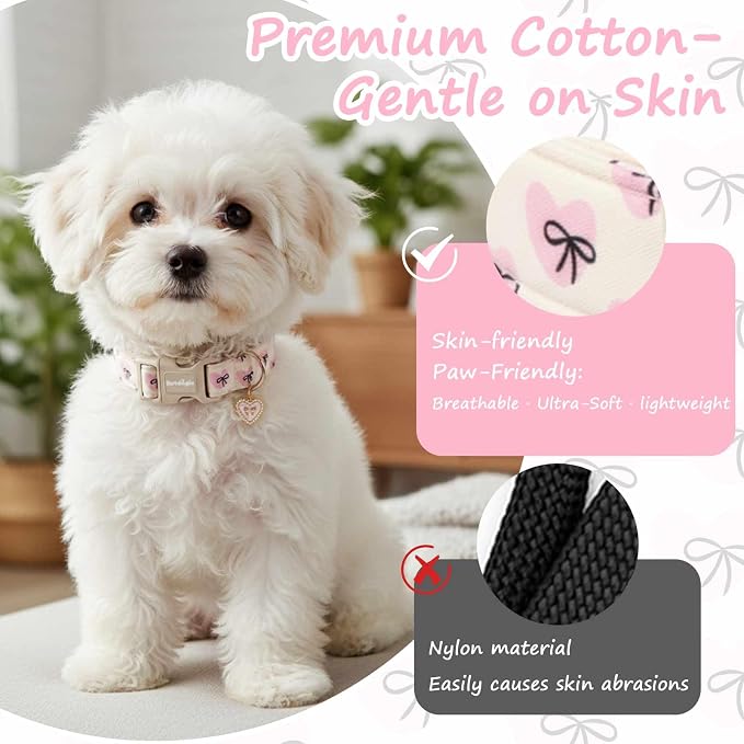 Bow Dog Collar with Pink Heart, Adjustable Cotton Dog Collar for Small Medium Large Dogs, Cute Puppy Collar for Girl Boy Dogs, Ideal for Gifts,Pet Accessory,S