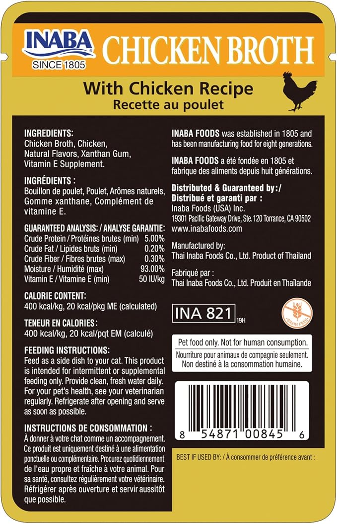 INABA Chicken Broth, Side Dish/Topper for Cats with Vitamin E, 1.76 Ounce Pouch, 8 Pouches Total, Chicken Recipe