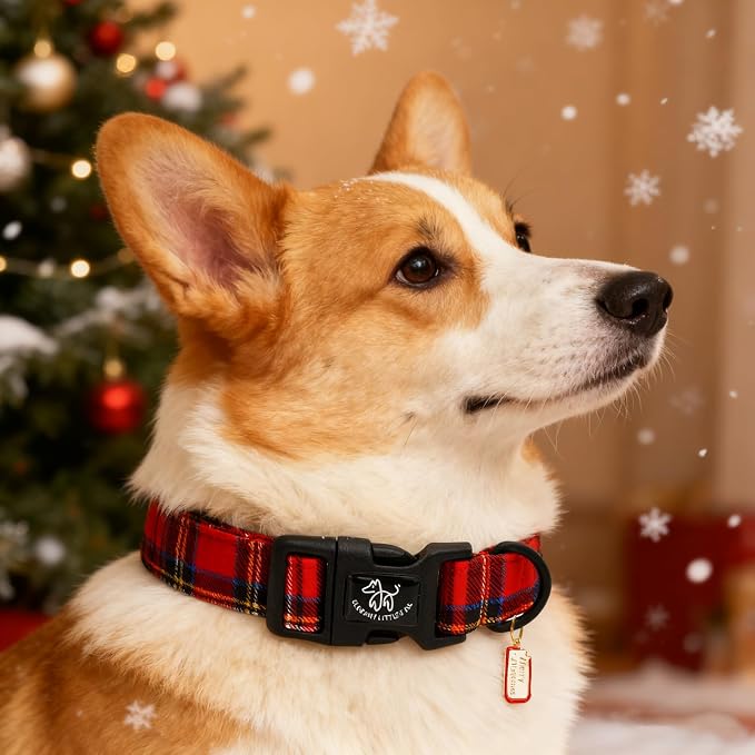 Elegant little tail Christmas Dog Collar, Red Plaid Pet Collar Cotton Soft Plastic Buckle Sturdy Puppy Collars Holiday Female or Male Adjustable Collar for Medium Dogs