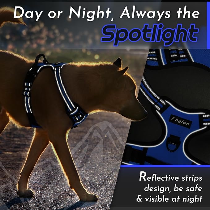 Eagloo Dog Harness for Large Dogs, No Pull Service Vest with Reflective Strips and Control Handle, Adjustable and Comfortable for Walking, No Choke Pet Harness with 2 Metal Rings, Blue, L