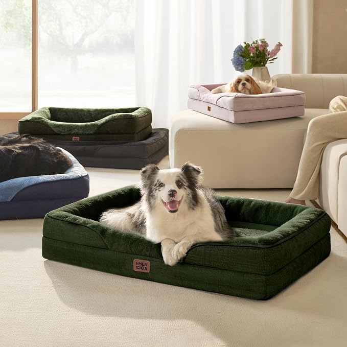 EHEYCIGA Orthopedic Dog Bed for Large Sized Dog, 36x27 Inch Large Memory Foam Dog Couch Bed with Sides, Waterproof Liner & Washable Removable Cover, Bolster Pet Sofa, Dark Green