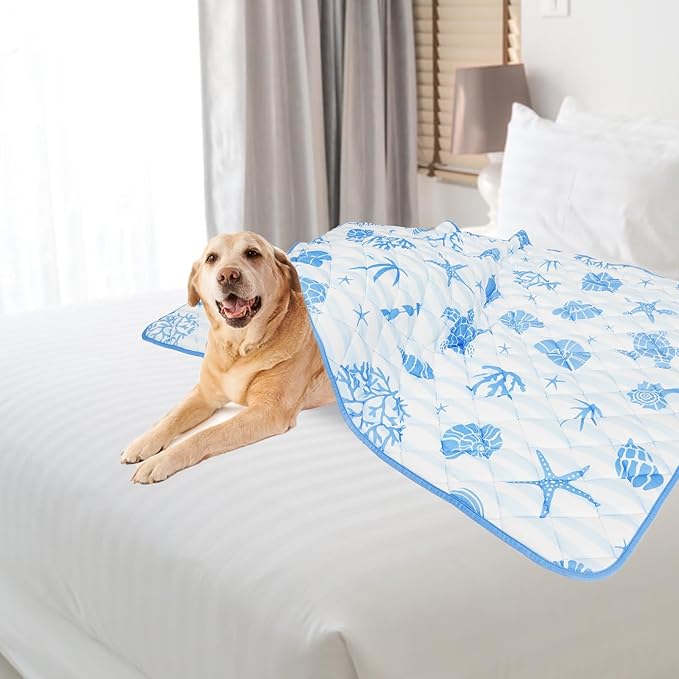 PUPTECK Dog Cooling Mat for Medium Large Dogs, Blanket for Kennels Crate Floor, Pets Cooling Pad, Dog Cat Summer Sleeping Outside, White & Blue Shell X-Large 40"x60"