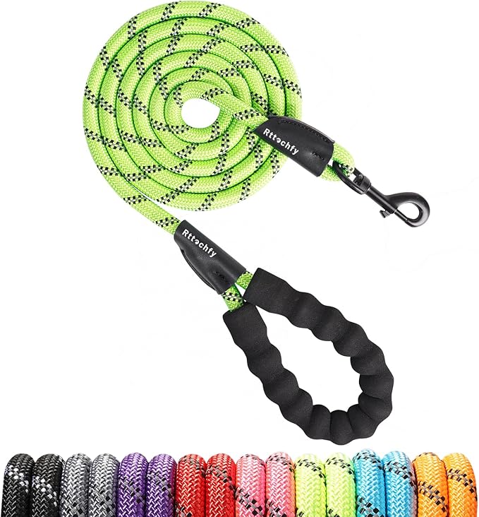 Rttochfy Rope Dog Leash 2/4/5/6/8/10 FT with Comfortable Padded Handle and Highly Reflective Threads for Small Medium and Large Dogs Heavy Duty (1/2"-4 FT, Green)
