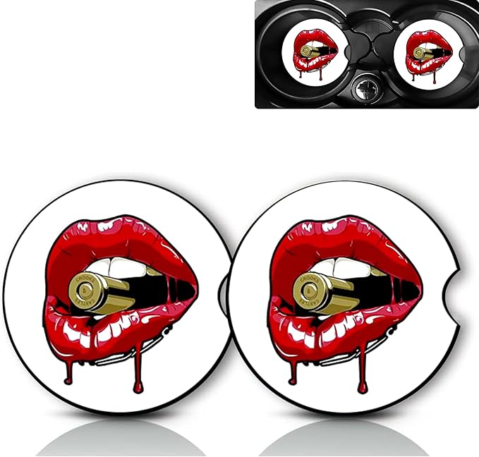 2Pack Dazzling Lips Car Cup Holder Coaster,Red Lips Gifts for Women Men,Vehicle Interior Drink Mat Reusable Neoprene Car Coasters for Cup Holders Decor,Charming Lip Automotive Interior Accessories