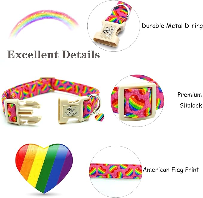 Elegant little tail Dog Collar, LGBT Holiday Pet Collars Cotton Rainbow Puppy Girl or Boy Soft Pet Gift Adjustable Dog Collar for Small Medium Large Dogs
