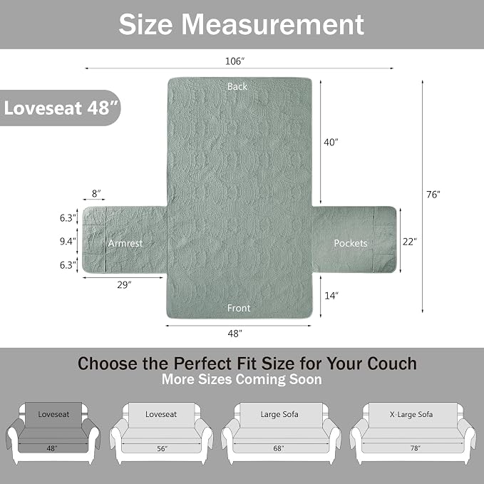 Sage Blue Loveseat Covers for 2 Cushion Couch, Water Repellent Slip Covers for Sofa, Washable Love Seat Quilted Couch Covers, Pet Friendly Loveseat Slipcovers (Loveseat 48", Sage Blue)