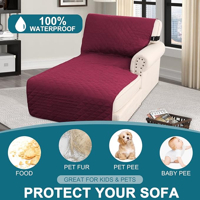 Turquoize 100% Waterproof Sofa Covers Chaise Lounge L Shape Sofa Protector Slip Cover Triple Non-Slip Sofa Slipcover for Sectional Couch Cover for Pets, Kids (Chaise, Burgundy)