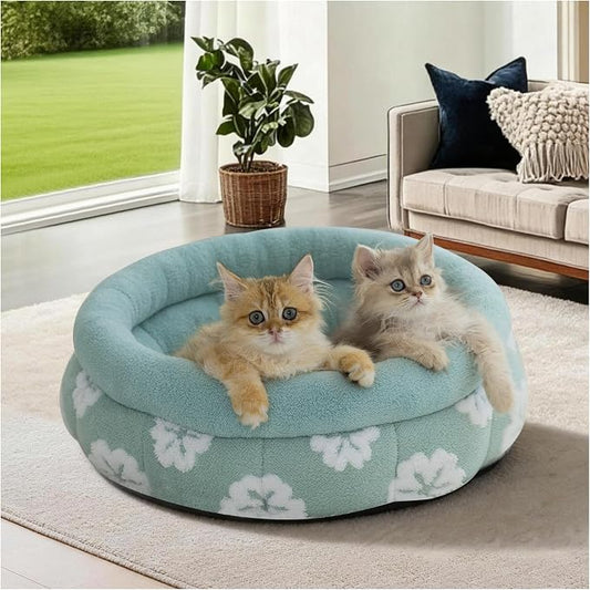 BALANCE Cat Beds for Indoor Cats, Washable Round Cat Bed, Cute 3D Flower Kitten Bed with Anti-Slip Bottom for Puppy and Kitten, 20 Inches, Green