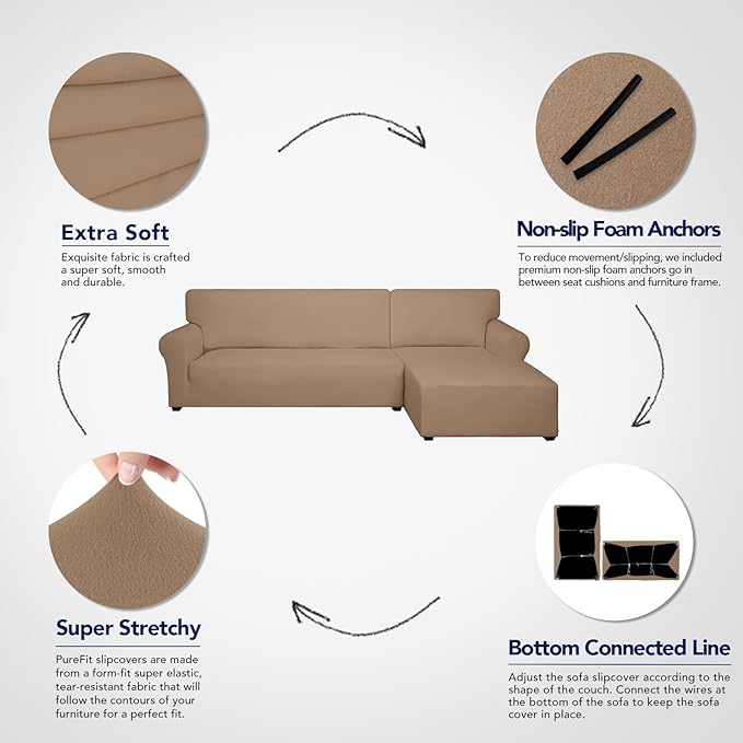 PureFit Super Stretch Sectional Couch Covers - 2 pcs Spandex Non Slip Sofa Covers with Elastic Bottom for L Shape Sectional Sofa Couch, Great for Kids & Pets (3 Seat Sofa + 2 Seat Chaise, Camel)