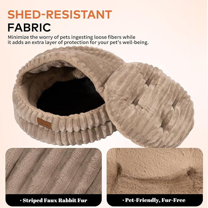 CHEERPALS Cat Cave Bed for Indoor Cats, Washable Covered Cat Bed Hooded Kitty Bed Soft Fluffy Pet Bed for Puppy and Small Dog(Khaki)