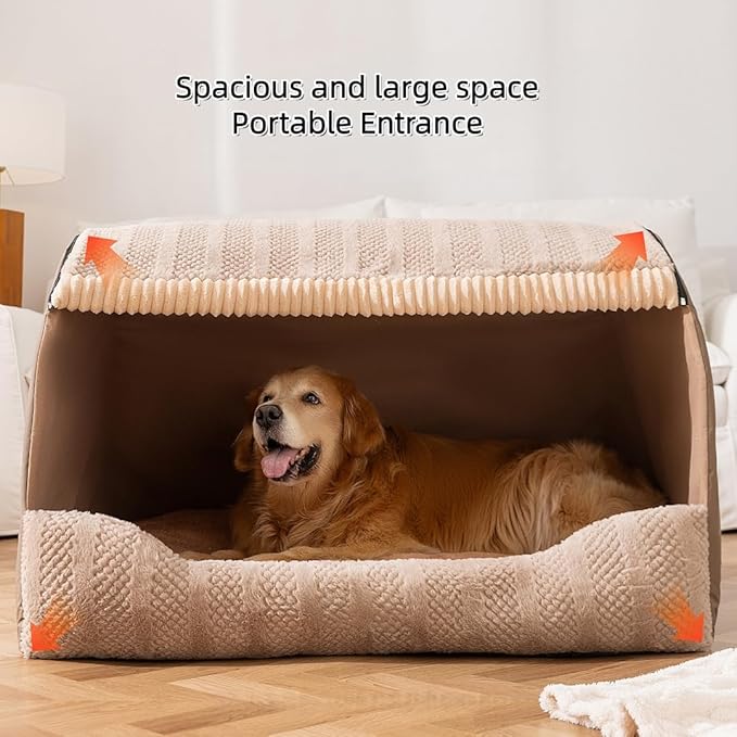 Extra Large Dog House Indoor, Memory Sponge, Cozy Dog Bed House, Pet Sleeping House Dog Cave for Dogs Cats (Khaki, L)
