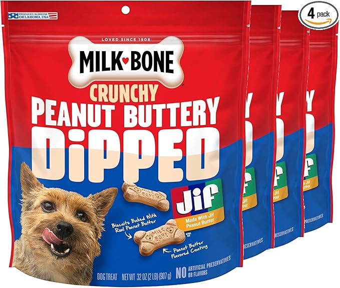 Milk-Bone Peanut Buttery Dipped Dog Biscuits with Jif Peanut Butter, 32 Oz. Bags (Pack of 4)