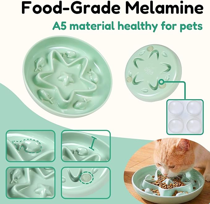 2 Pcs Cat Slow Feeder Bowl – Whisker Friendly Melamine Puzzle Feeding Cat Bowl for Slow Eating – Wet & Dry Food – Dishwasher Safe, Lightweight, Non-Slip (Ocean Mist + Seafoam Green, 6.3'')