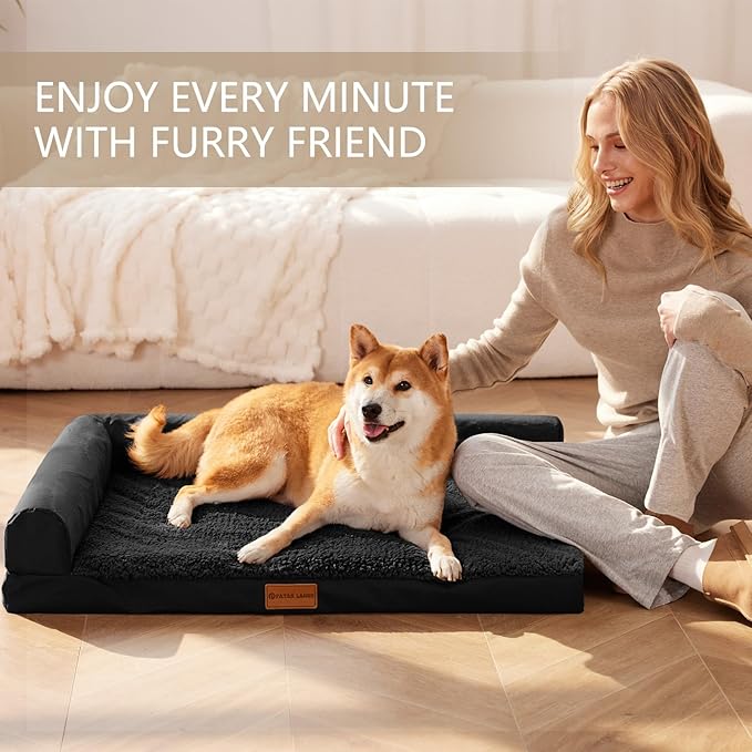 Patas Lague Orthopedic Jumbo Dog Bed for Extra Large Dogs 56''X40'', Waterproof L Bolster Jumbo Pet Sofa Beds with Removable Washable Cover, Soft Pet Couch Crate Mat with Nonskid Bottom, Black