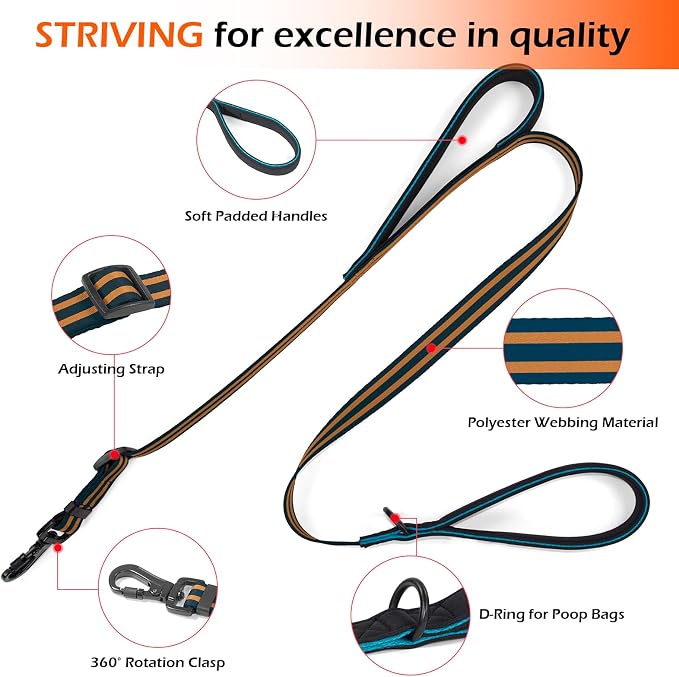 Double Handle Dog Leash for Large Dogs, Heavy Duty Adjustable Leash with Soft Padded Handles, Traffic Control Training Lead for Walking, Running (Blue & Orange Stripe, 6 ft)