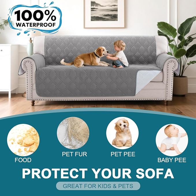 Turquoize 100% Waterproof Sofa Covers Couch Cover for 3 Cushion Couch Triple Non-Slip Sofa Slipcover Washable Furniture Protector for Pets, Kids, Dog (Sofa 70", Light Gray)