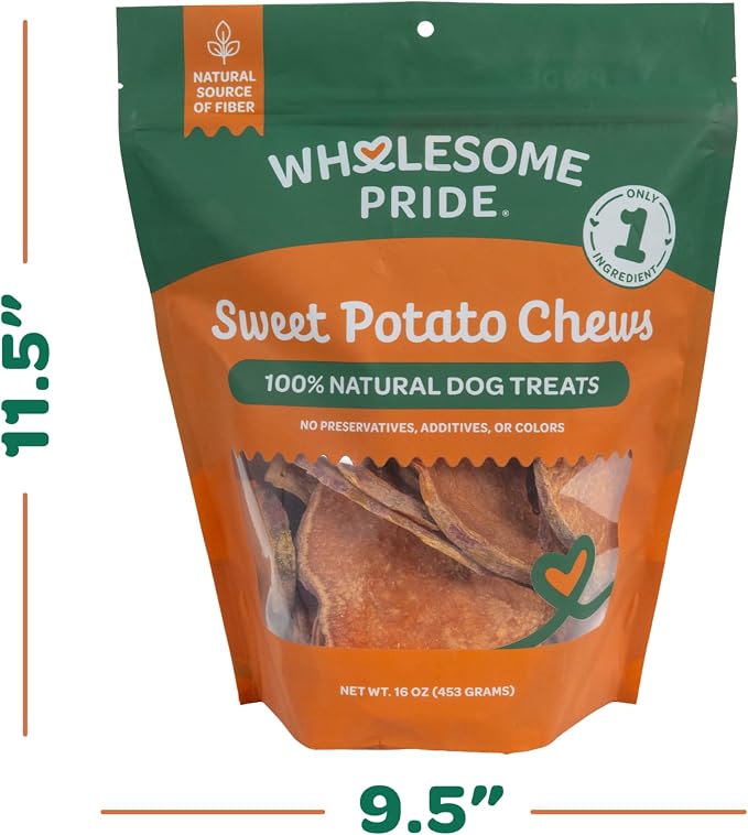 Wholesome Pride Healthy Sweet Potato Chews – Sensitive Stomach Dog Treats, No Preservatives, Single-Ingredient, No Grain, 16 oz