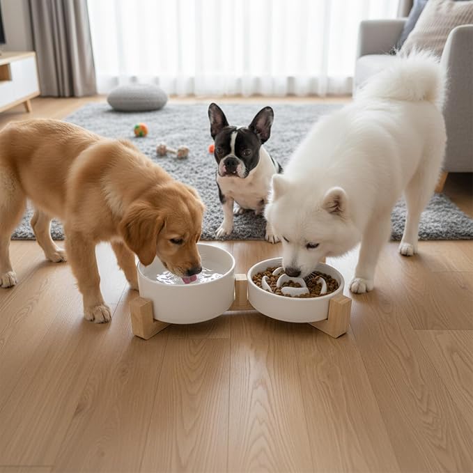 Ceramic Slow Feeder Dog Bowl Set-0.8 Cup Puzzle Dog Food Bowl（≈180g Food） for Fast Eater & 850ML Dog Water Bowl with Wooden Stand for Small Dogs and Cats,Anti-Slip-White