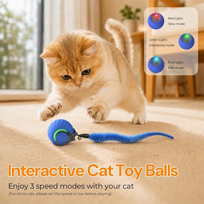 Geamen Interactive Cat Toys with Bird Sounds & 3 Speed Modes, Rechargeable Automatic Moving Cat Toy with 3 Tails, Fast Charging Smart Rolling Ball for Indoor Cats to Chase Play on Hard Floor Carpet