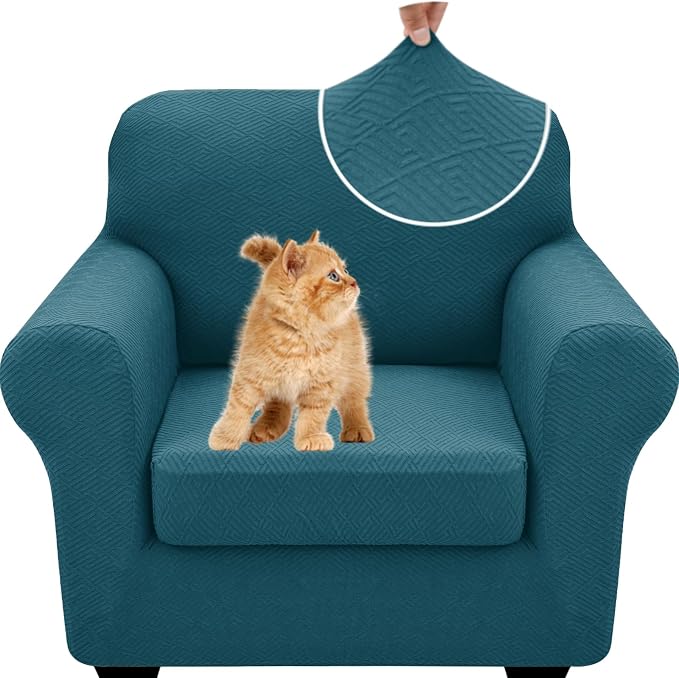 XINEAGE New 2 Pieces Chair Covers with Arms Super Stretch Chair Slipcover for Living Room Pet Dog Universal Slip Cover Anti Slip Armchair Furniture Protector (Peacock Blue), 31"-46"(1 Cushion)