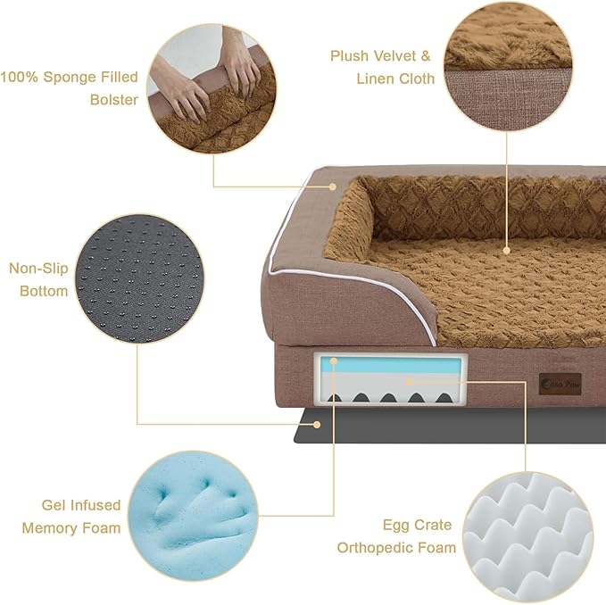 Orthopedic Dog Beds for Extra Large Sized Dogs 45x35 Inch, XL Waterproof Egg Crate Foam Dog Sofa Bed with Removable Washable Cover Big Pet Couch with Bolster & Non-Slip Bottom, Brown