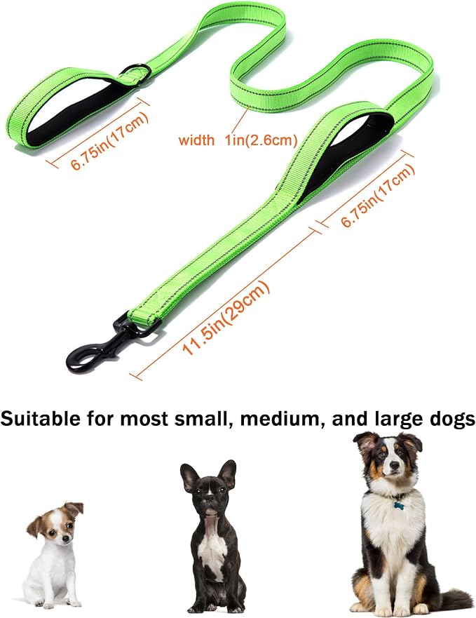 Solmoony 6FT Green Strong Dog Leash with 2 Padded Handles, Traffic Handle Extra Control, Double-Sided Reflective Walking Lead for Small Medium and Large Dogs(Green, 6FT)