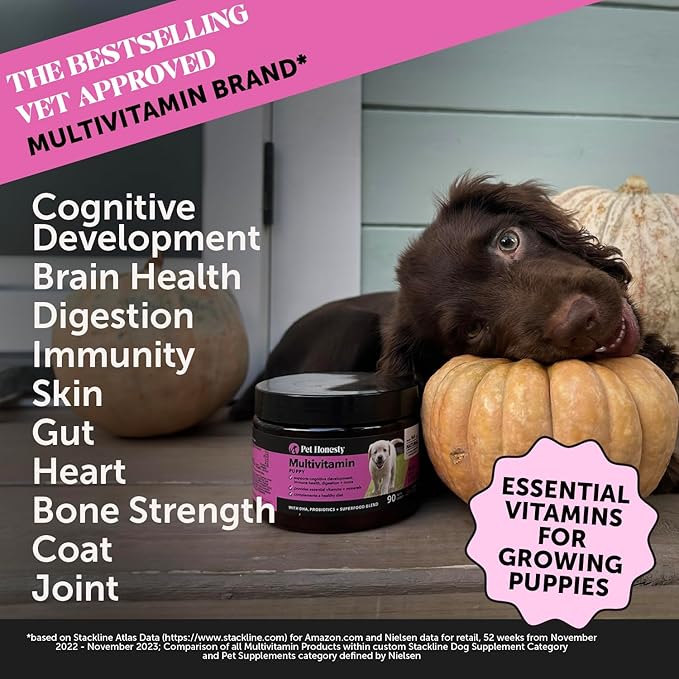 Puppy Vitamins and Supplements Multivitamin Chews - DHA Omega 3 Fish Oil + Probiotics for Growth, Brain Development, Immune Support, Sensitive Stomach, Heart Health (Hickory Bacon, 90 Ct)