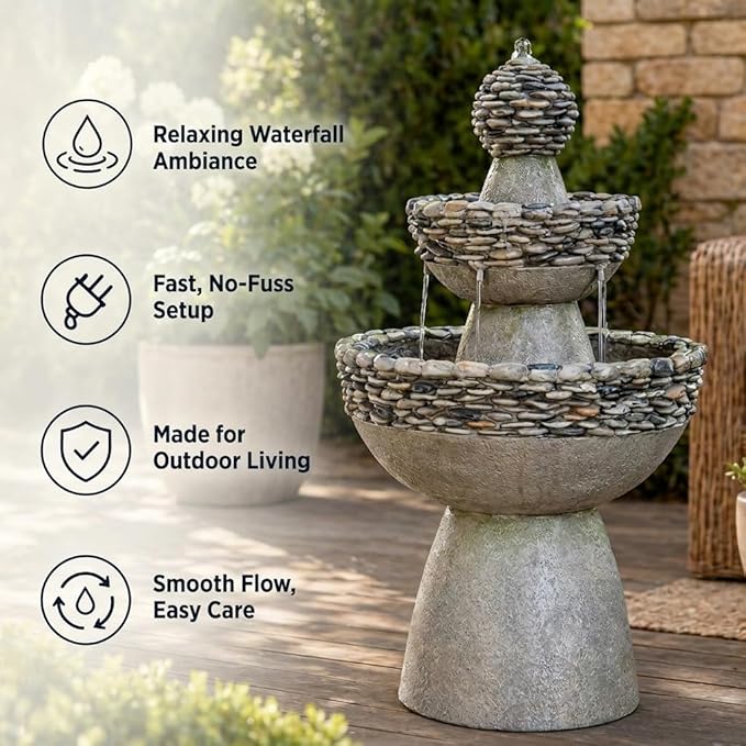 Teamson Home 36.5 in. Outdoor 3-Tier Zen-Style Pedestal Water Fountain in. with Stone Trim with Pump and 2.64 Gallon Capacity, Stone Gray