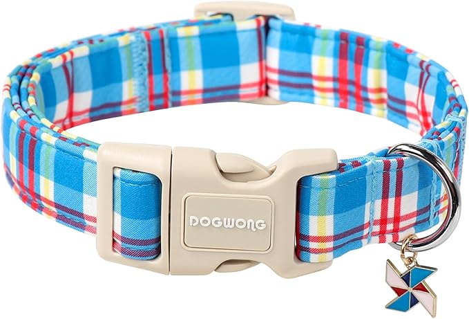 DOGWONG Blue Plaid Dog Collar- Cute Checkered Dog Collars Adjustable Designer Blue Puppy Dog Collar for Small Medium Large Dogs S