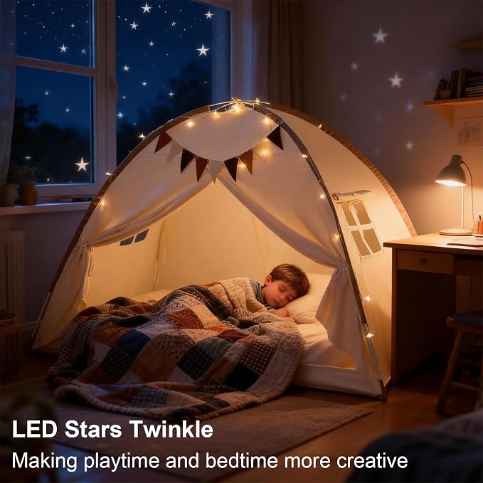 Redants Twin Bed Tent Canopy, Indoor Blackout Privacy Toddler Bed Tent for Kids with Light, Portable Sleeping Floor Kids Playhouse (Cream, Twin Size)