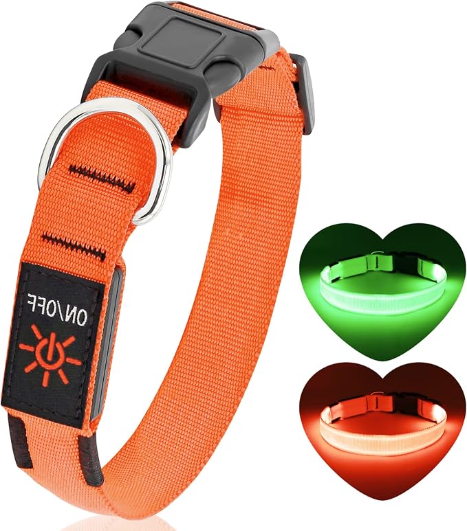 Light Up Dog Collar, Rechargeable USB Collar, Waterproof, Luminous LED Collar, Adjustable, Super Bright, Night Walking for Small Medium Large Dogs, Orange, L