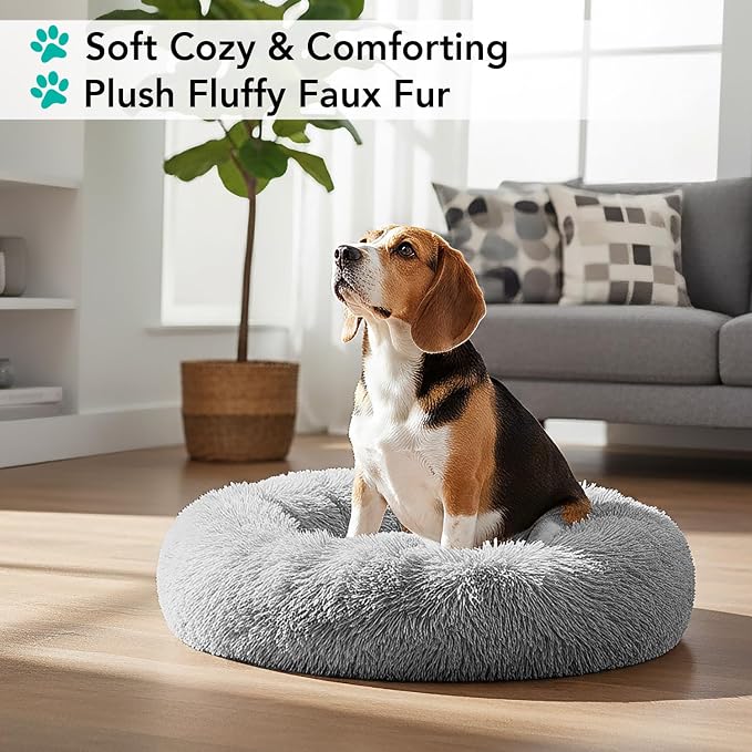 PetAmi Calming Dog Bed for Small & Medium Dogs, Cats & Puppy, Warming Round Donut Cuddler Bed, Anti-Anxiety Fluffy Shaggy Faux Fur Pet Bed, Machine Washable, Non-Slip Bottom, 30 Inch - Light Gray