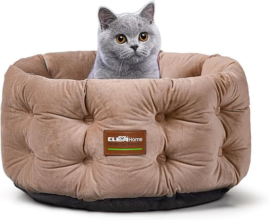 ClevaHome Deep Nest Cat Beds for Indoor Cats, Washable Round Cat Bed, Cute Kitten Bed with Anti-Slip Bottom for Kitty and Puppy, 20inches, Warm Beige