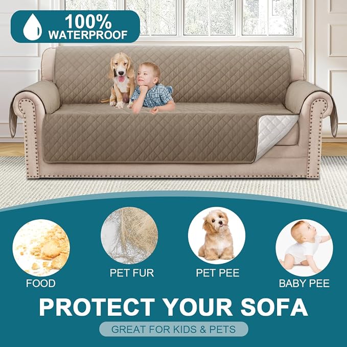 Turquoize 100% Waterproof Sofa Covers Couch Cover Sofa Cover for Dogs Couch Protector Triple Non-Slip Sofa Slipcover for 3 Cushion Couch Furniture Protector for Pets, Kids,Dog (Sofa 70", Taupe)