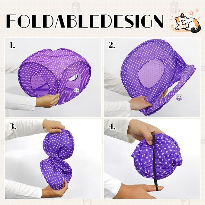 Andiker Cat Tent, 3 Holes Safe and Strong Cute Cats Tunnel Collapsible Easy to Carry Cat House for Indoor Cats Kittens Hiding Playing Training Sleeping (Square Purple)